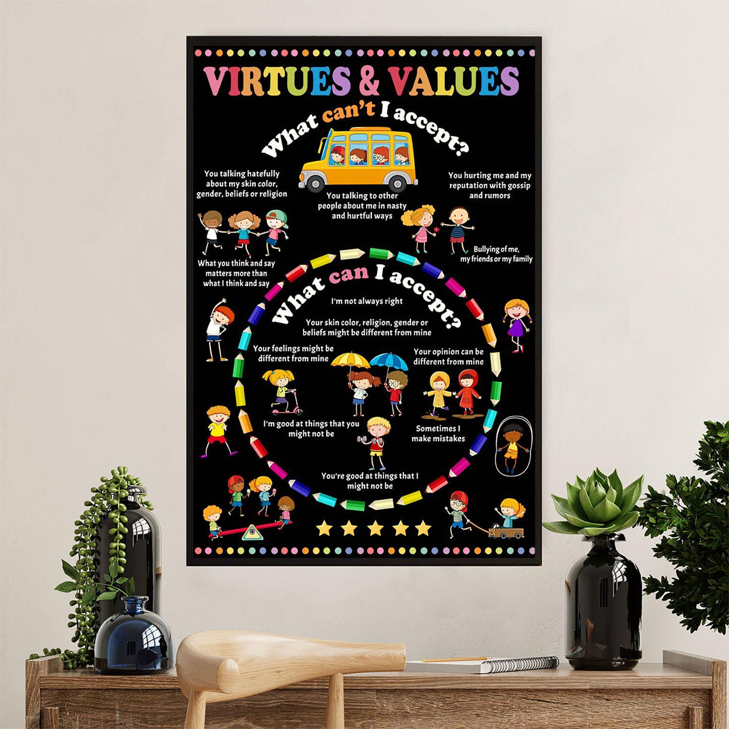 Teacher Classroom Poster | Virtues & Values | Wall Art Back To School Gift for Teacher