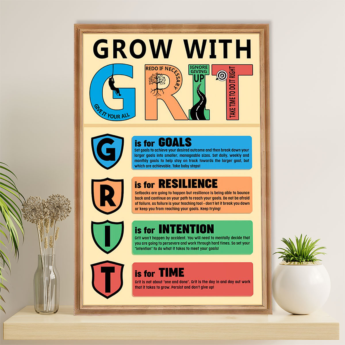 Teacher Classroom Poster | Grow With GRIT | Wall Art Back To School Gift for Teacher