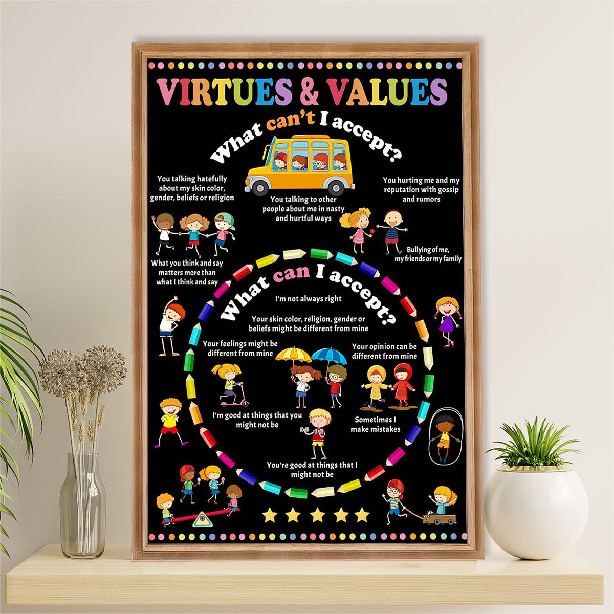 Teacher Classroom Canvas Wall Art | Virtues & Values | Back To School Gift for Teacher