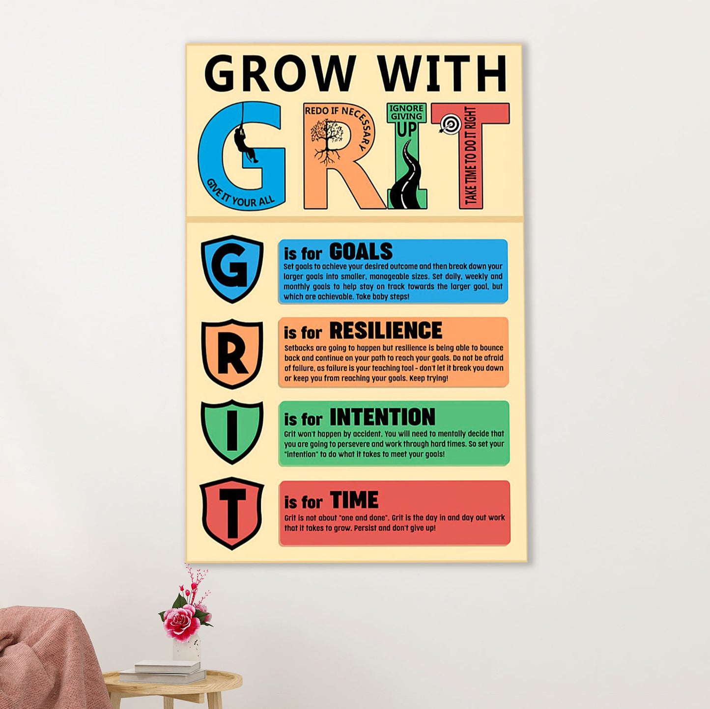 Teacher Classroom Poster | Grow With GRIT | Wall Art Back To School Gift for Teacher