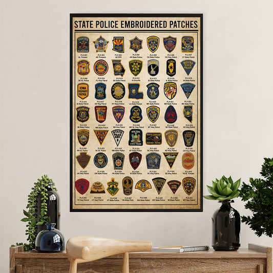 Police Officer Poster | State Police Embroidered Patches | Wall Art Gift for Policeman