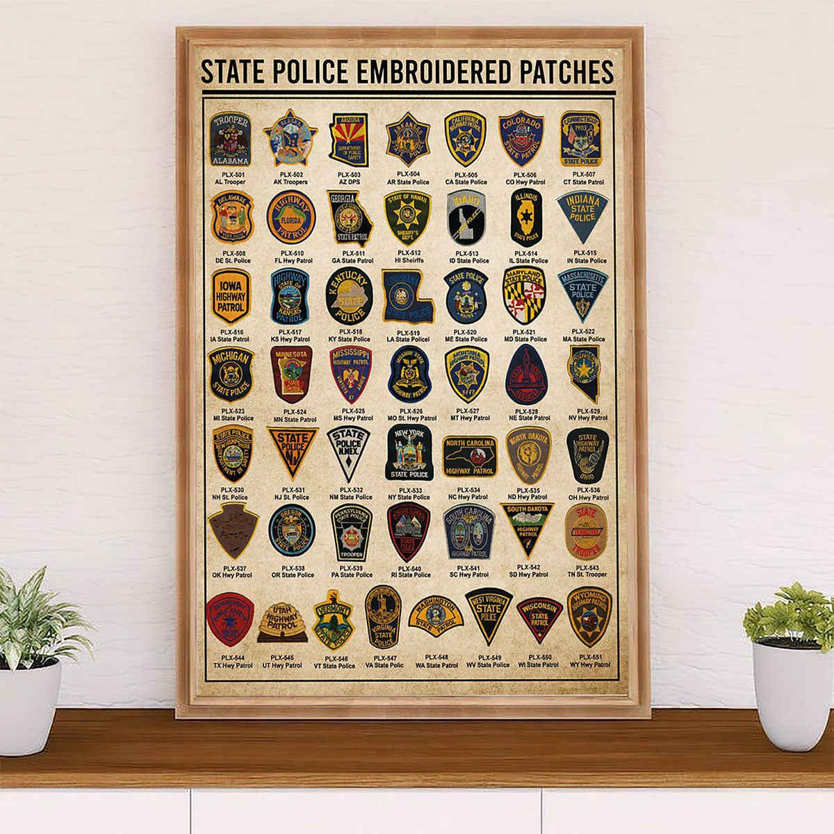 Police Officer Canvas Wall Art | State Police Embroidered Patches | Gift for Policeman