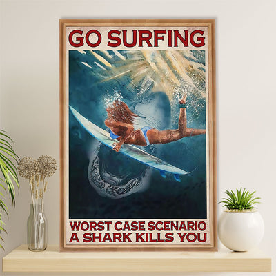 Water Surfing Canvas Wall Art Prints | Shark Worst Case Scenario | Home Décor Gift for Beach Surfer