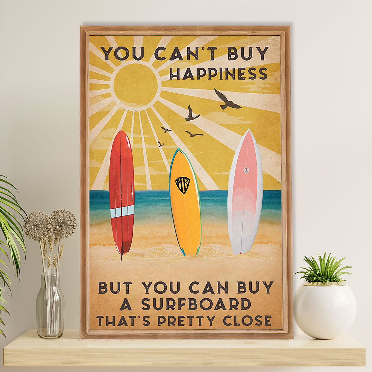 Water Surfing Canvas Wall Art Prints | Buy A Surfboard - Be Happy | Home Décor Gift for Beach Surfer