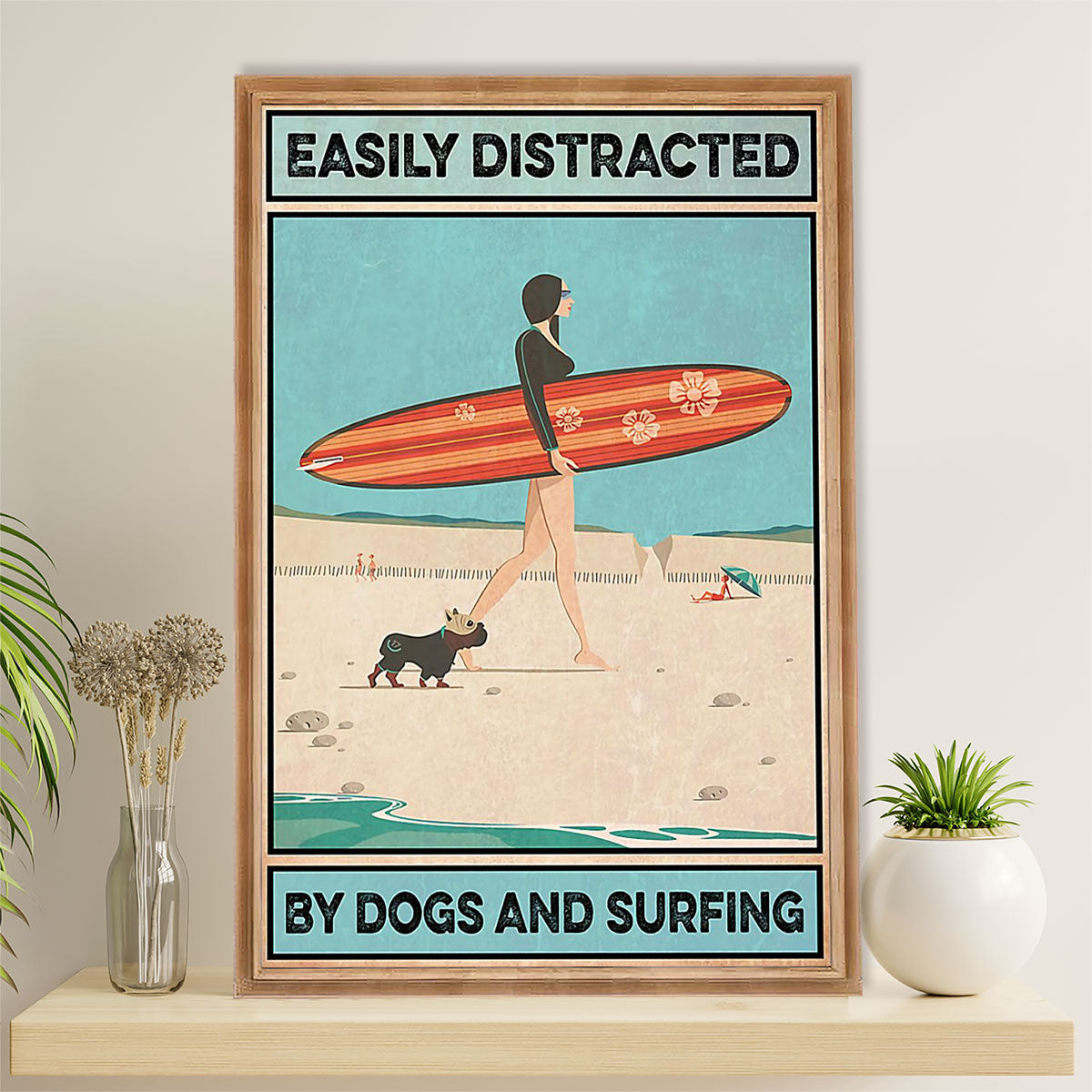 Water Surfing Poster Prints | Girl Distracted by Dogs & Surfing | Wall Art Gift for Beach Surfer