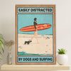 Water Surfing Poster Prints | Girl Distracted by Dogs & Surfing | Wall Art Gift for Beach Surfer