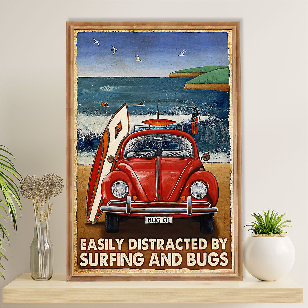 Water Surfing Poster Prints | Distracted By Surfing & Bugs | Wall Art Gift for Beach Surfer