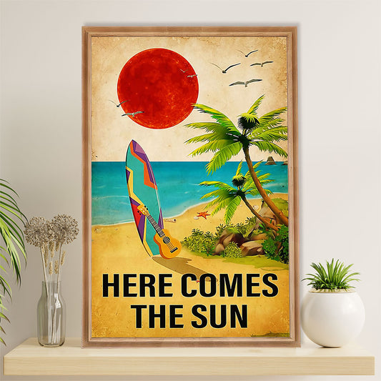 Water Surfing Poster Prints | Here Comes The Sun | Wall Art Gift for Beach Surfer