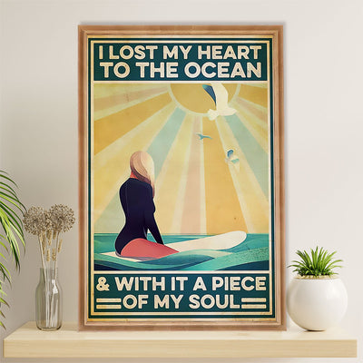Water Surfing Canvas Wall Art Prints | Girl Lost Heart To The Ocean | Home Décor Gift for Beach Surfer