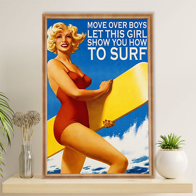 Water Surfing Canvas Wall Art Prints | Girl Surfing | Home Décor Gift for Beach Surfer
