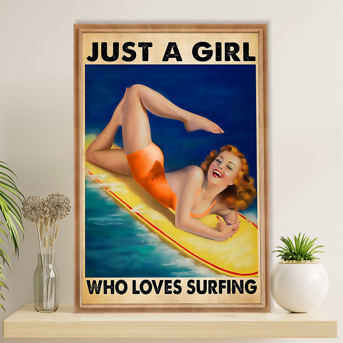 Water Surfing Poster Prints | Girl Loves Surfing | Wall Art Gift for Beach Surfer