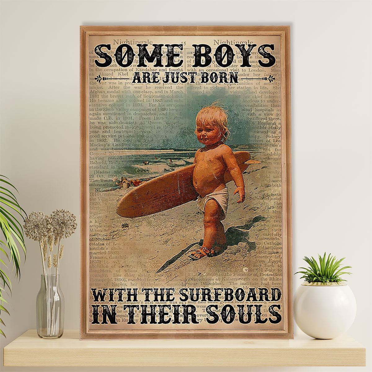 Water Surfing Canvas Wall Art Prints | Boys Born With The Surfboard | Home Décor Gift for Beach Surfer