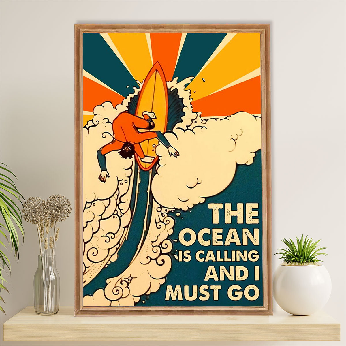 Water Surfing Canvas Wall Art Prints | The Ocean Is Calling | Home Décor Gift for Beach Surfer