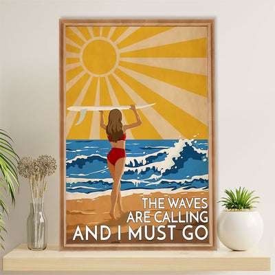 Water Surfing Canvas Wall Art Prints | The Waves Are calling | Home Décor Gift for Beach Surfer