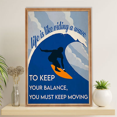 Water Surfing Canvas Wall Art Prints | Life Is Like Riding A Wave | Home Décor Gift for Beach Surfer
