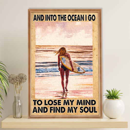 Water Surfing Poster Prints | Girl Into The Ocean | Wall Art Gift for Beach Surfer