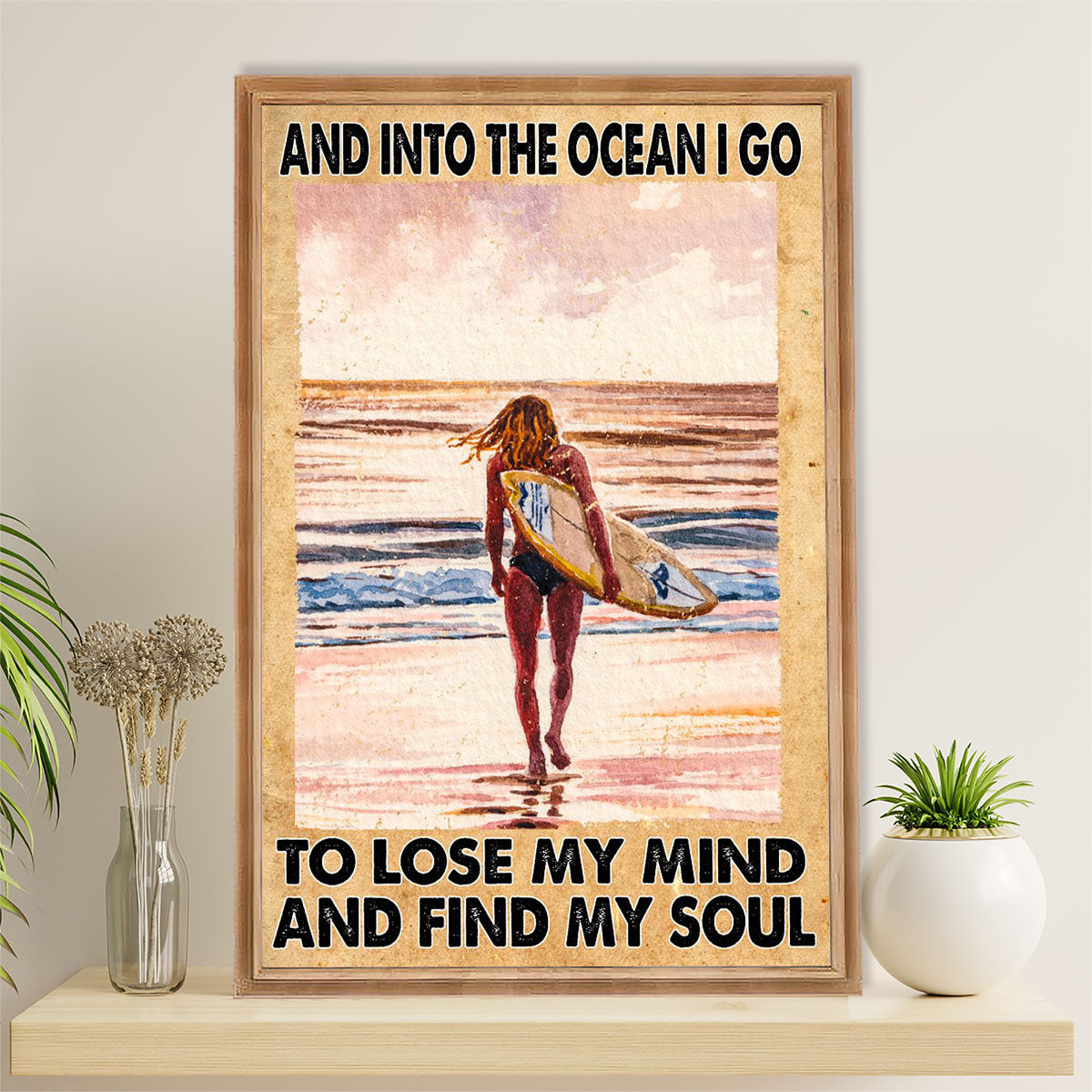 Water Surfing Canvas Wall Art Prints | Girl Into The Ocean | Home Décor Gift for Beach Surfer