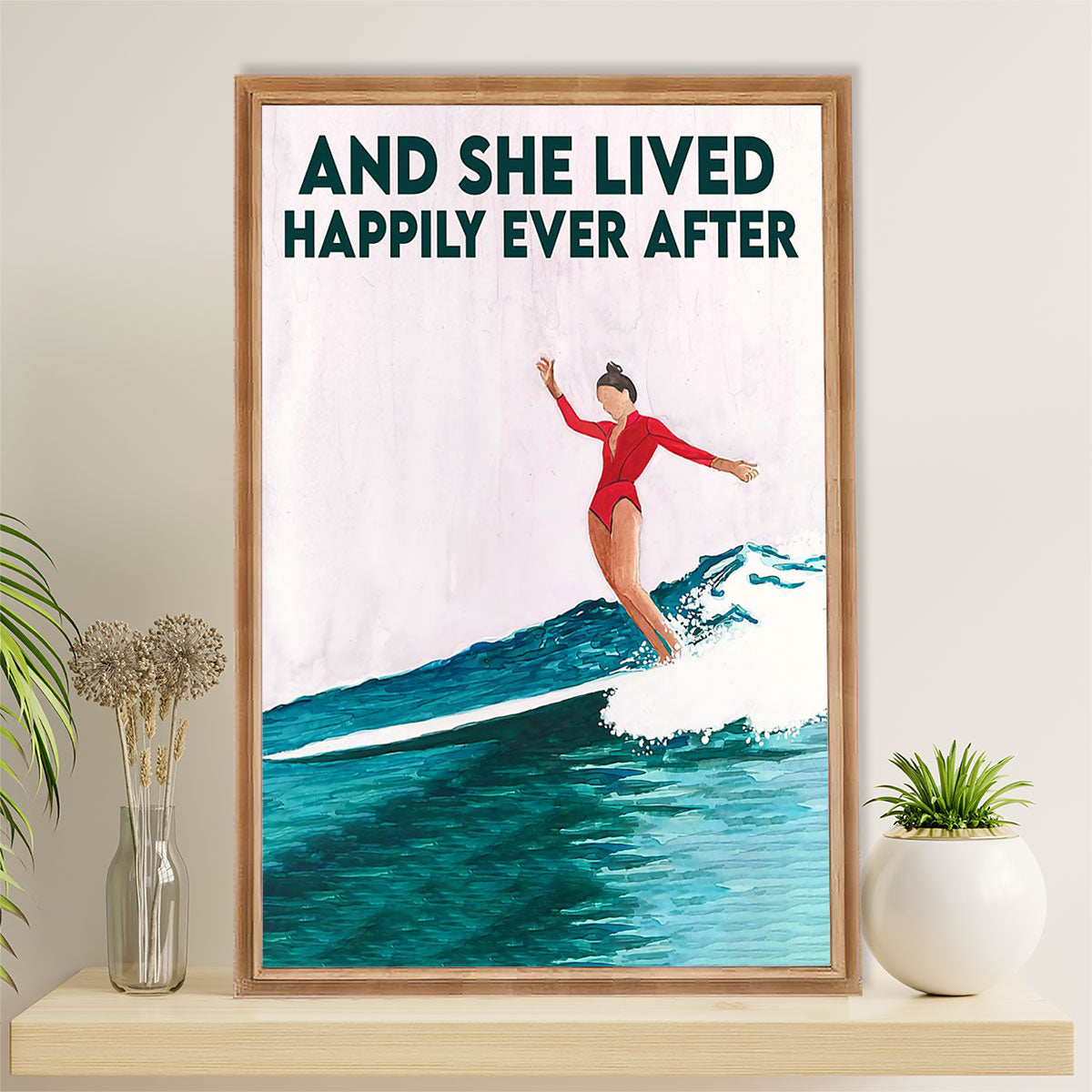 Water Surfing Poster Prints | She Lived Happily | Wall Art Gift for Beach Surfer