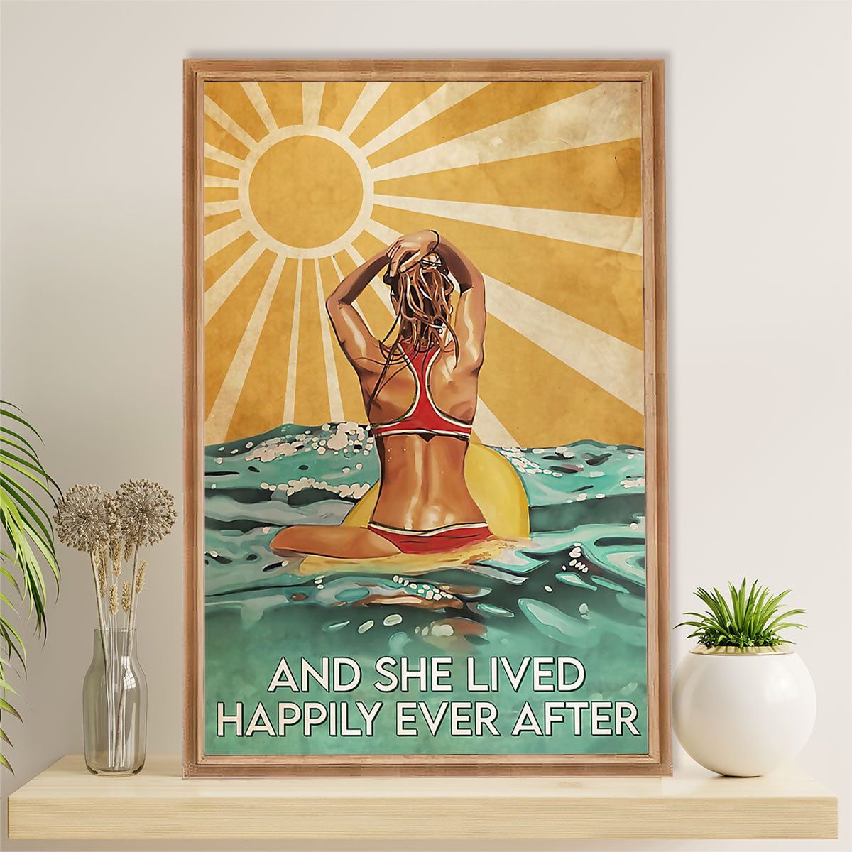 Water Surfing Canvas Wall Art Prints | She Lived Happily | Home Décor Gift for Beach Surfer
