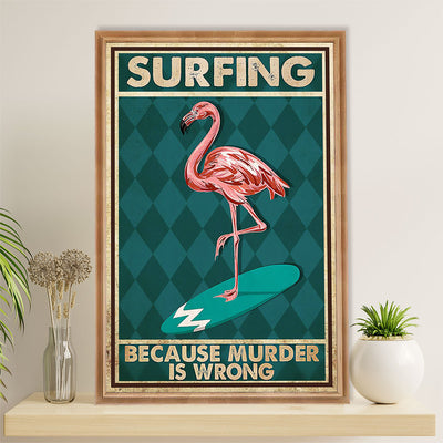 Water Surfing Poster Prints | Flamingo Surfing | Wall Art Gift for Beach Surfer