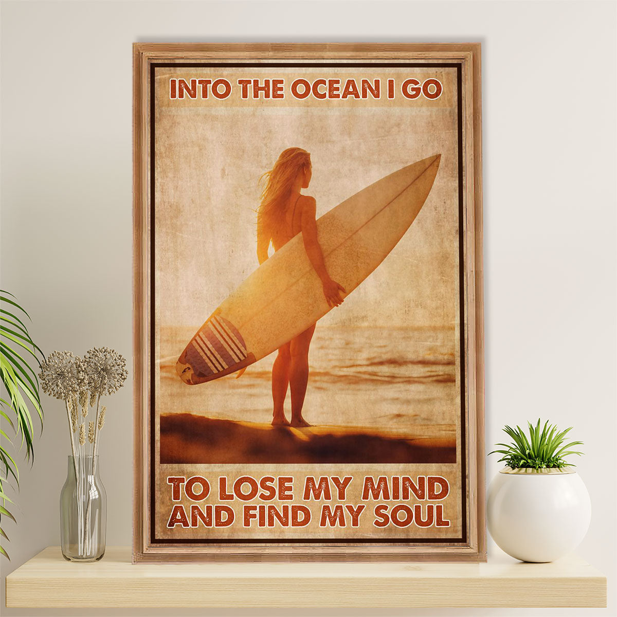 Water Surfing Poster Prints | Girl Into The Ocean | Wall Art Gift for Beach Surfer
