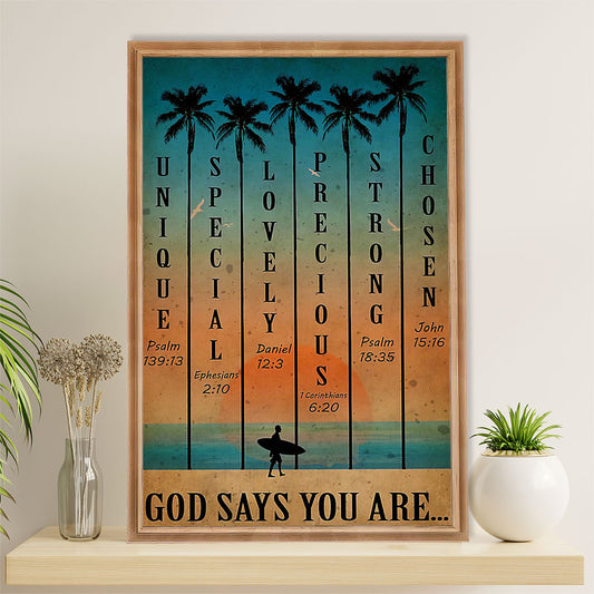 Water Surfing Poster Prints | God Says You Are | Wall Art Gift for Beach Surfer