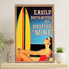 Water Surfing Canvas Wall Art Prints | Girl Distracted By Surfing & Wine | Home Décor Gift for Beach Surfer