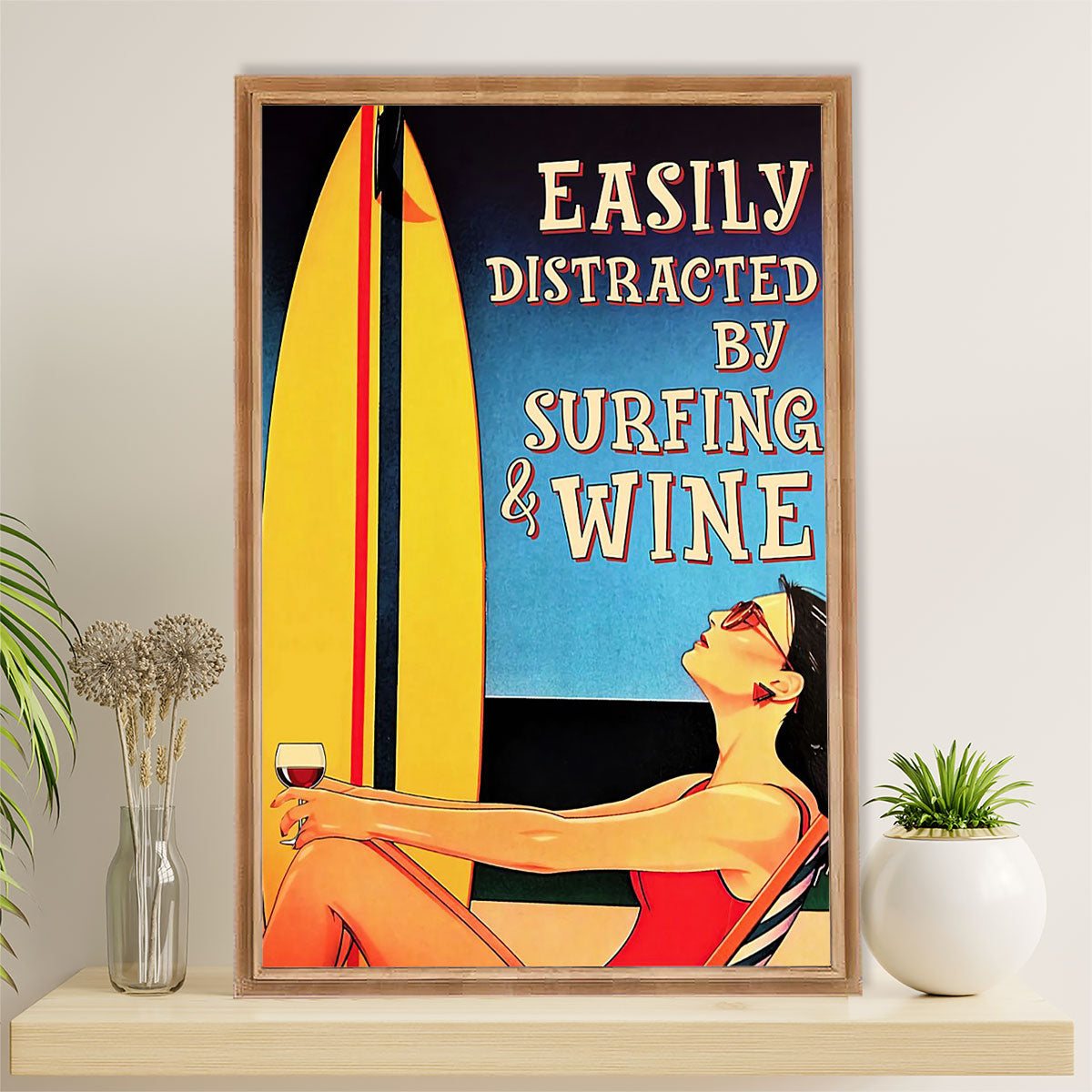 Water Surfing Poster Prints | Girl Distracted By Surfing & Wine | Wall Art Gift for Beach Surfer