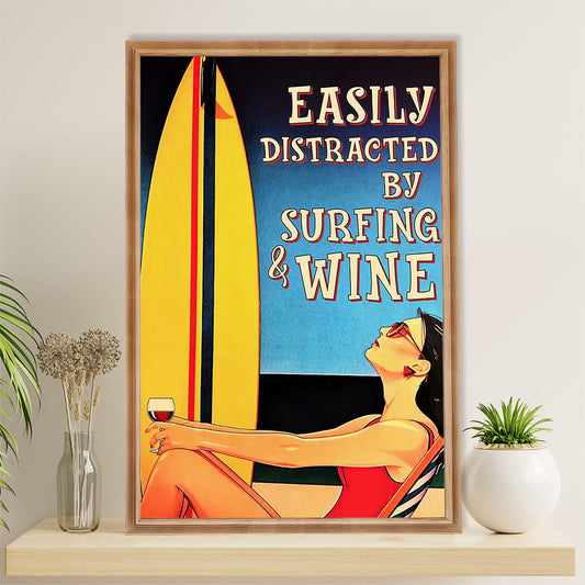 Water Surfing Poster Prints | Girl Distracted By Surfing & Wine | Wall Art Gift for Beach Surfer