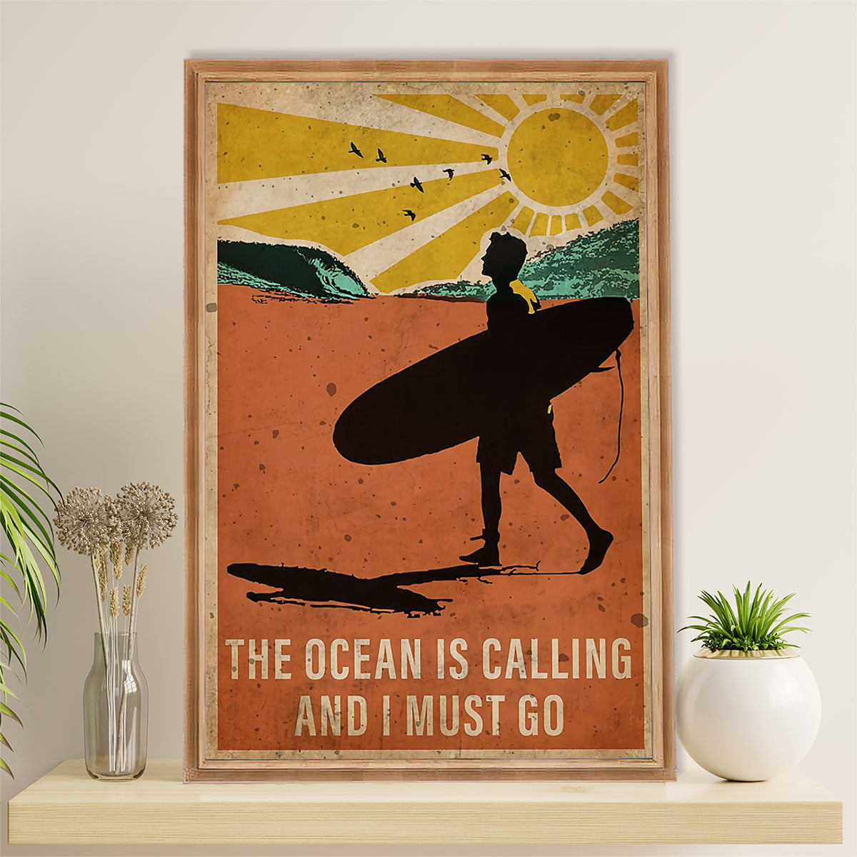 Water Surfing Poster Prints | Man Surfer - The Ocean Is Calling | Wall Art Gift for Beach Surfer