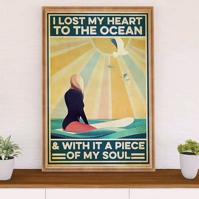 Water Surfing Canvas Wall Art Prints | Girl Lost Heart To The Ocean | Home Décor Gift for Beach Surfer