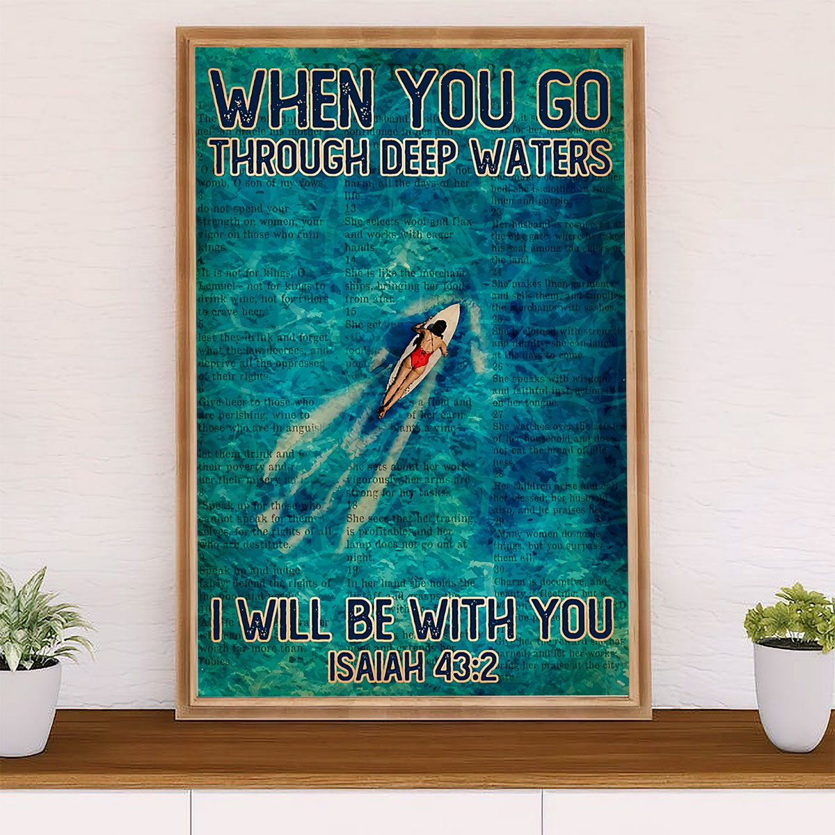 Water Surfing Canvas Wall Art Prints | When You Go Through Deep Waters | Home Décor Gift for Beach Surfer