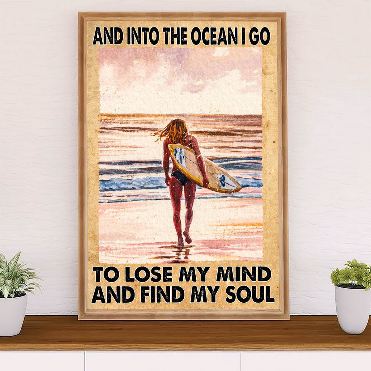 Water Surfing Canvas Wall Art Prints | Girl Into The Ocean | Home Décor Gift for Beach Surfer