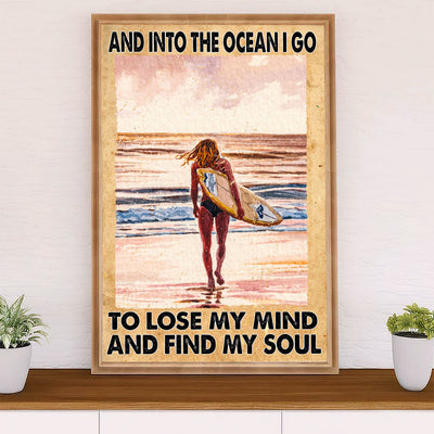Water Surfing Canvas Wall Art Prints | Girl Into The Ocean | Home Décor Gift for Beach Surfer