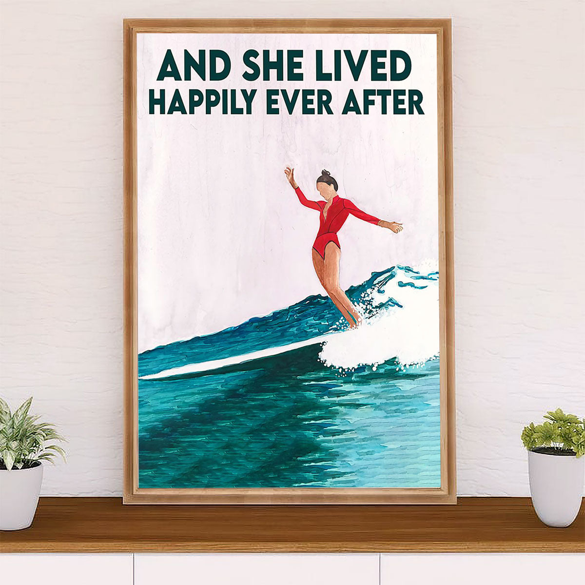 Water Surfing Poster Prints | She Lived Happily | Wall Art Gift for Beach Surfer