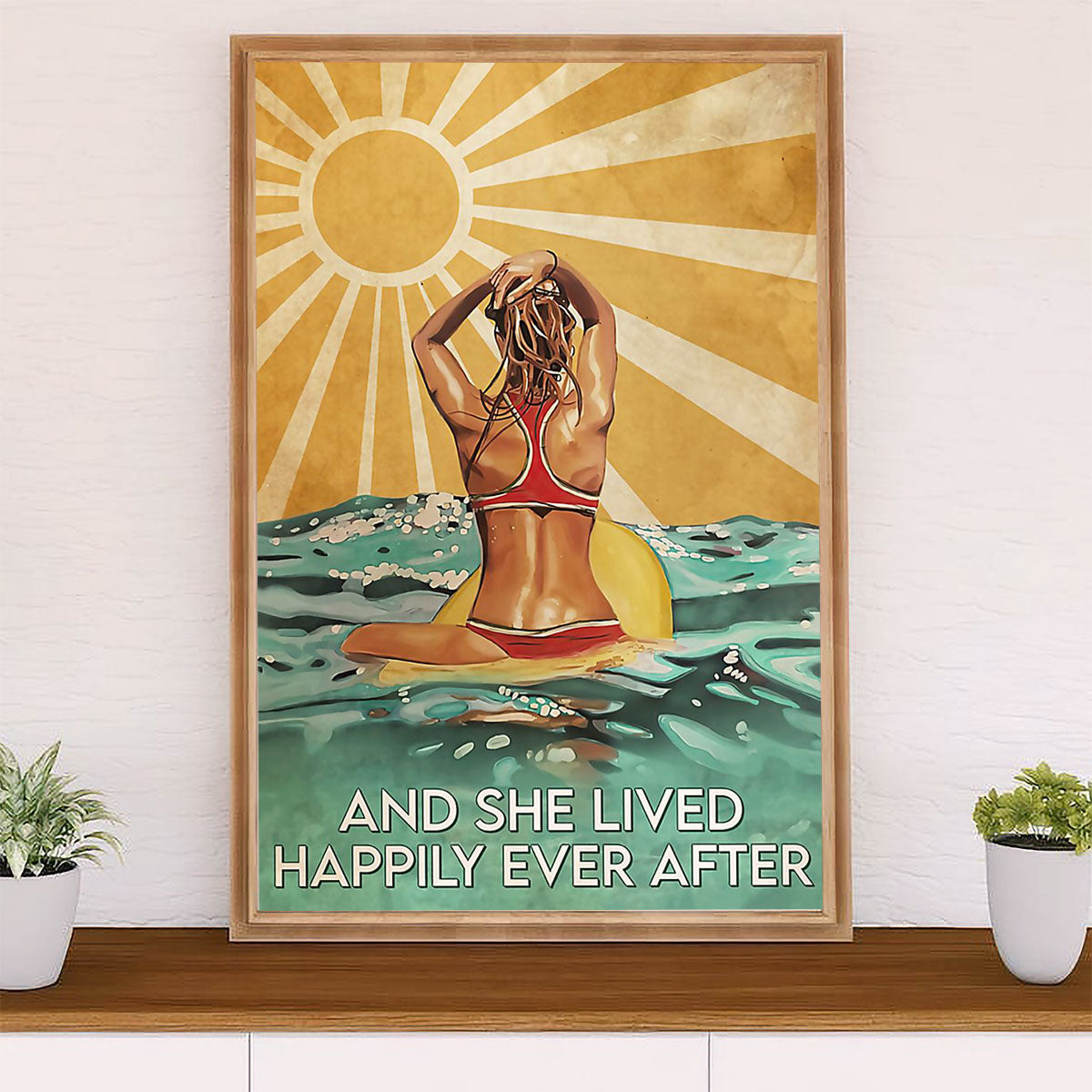 Water Surfing Poster Prints | She Lived Happily | Wall Art Gift for Beach Surfer