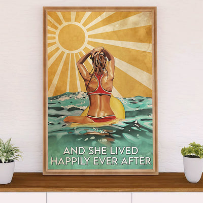 Water Surfing Poster Prints | She Lived Happily | Wall Art Gift for Beach Surfer
