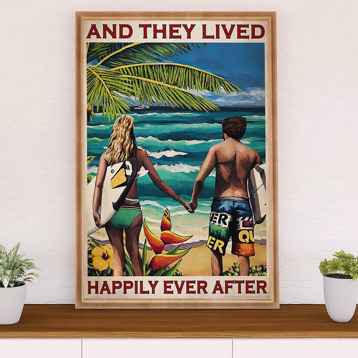 Water Surfing Poster Prints | Couple Boyfriend Girlfriend | Wall Art Gift for Beach Surfer