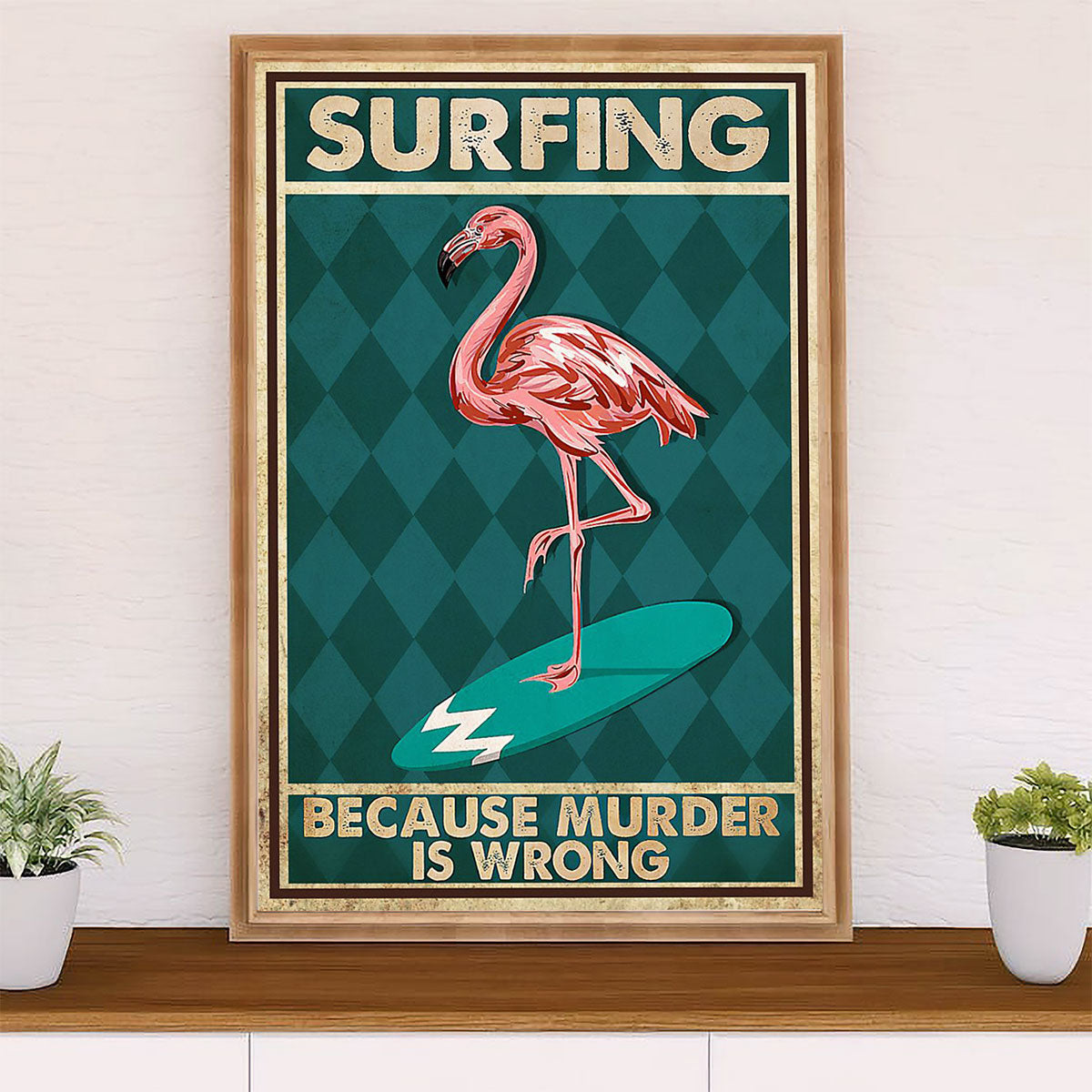 Water Surfing Poster Prints | Flamingo Surfing | Wall Art Gift for Beach Surfer