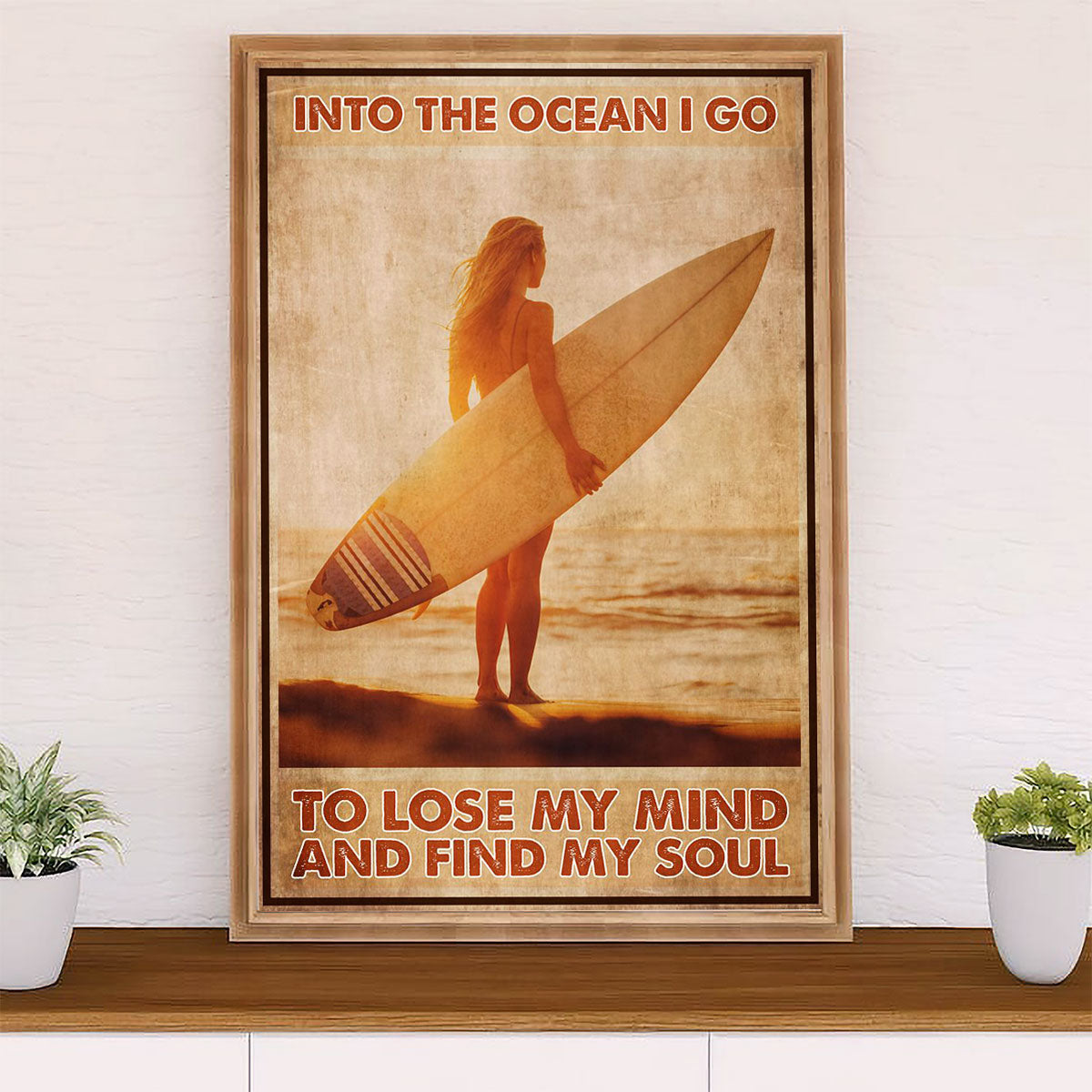 Water Surfing Poster Prints | Girl Into The Ocean | Wall Art Gift for Beach Surfer