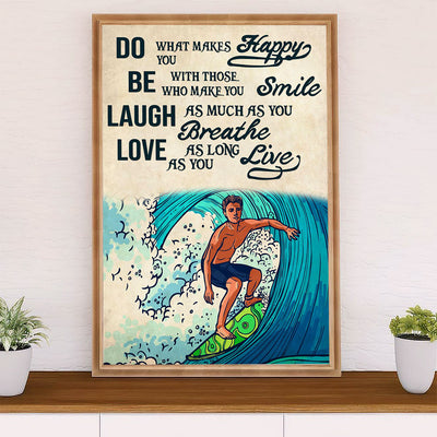 Water Surfing Poster Prints | Makes You Happy | Wall Art Gift for Beach Surfer