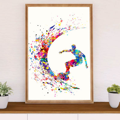 Water Surfing Poster Prints | Watercolor Man Surfer | Wall Art Gift for Beach Surfer