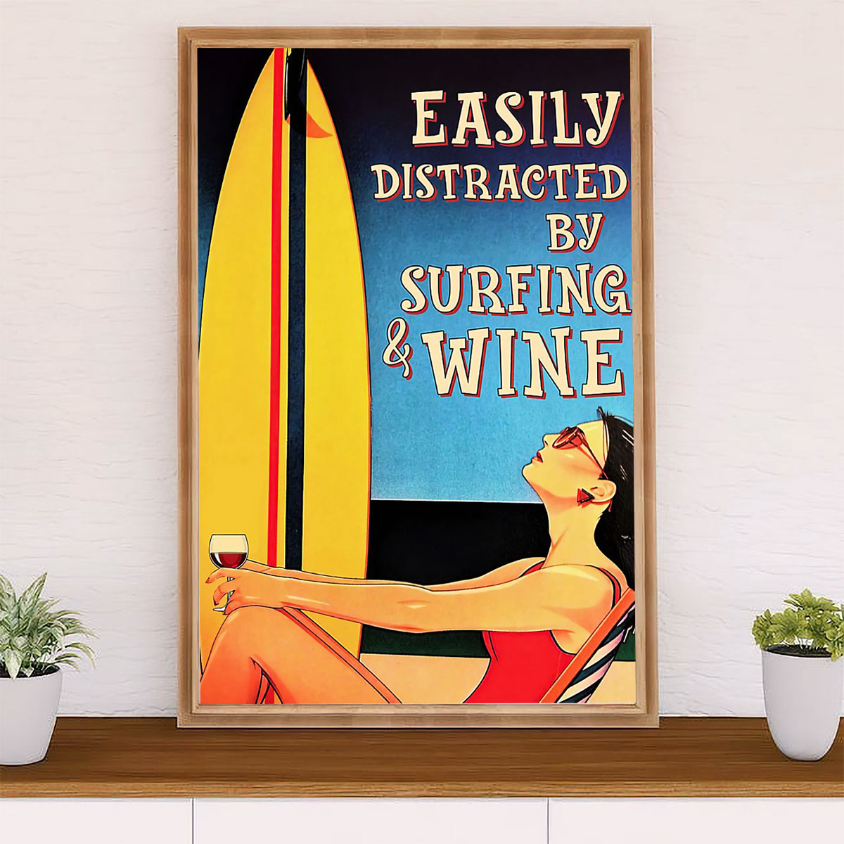 Water Surfing Poster Prints | Girl Distracted By Surfing & Wine | Wall Art Gift for Beach Surfer