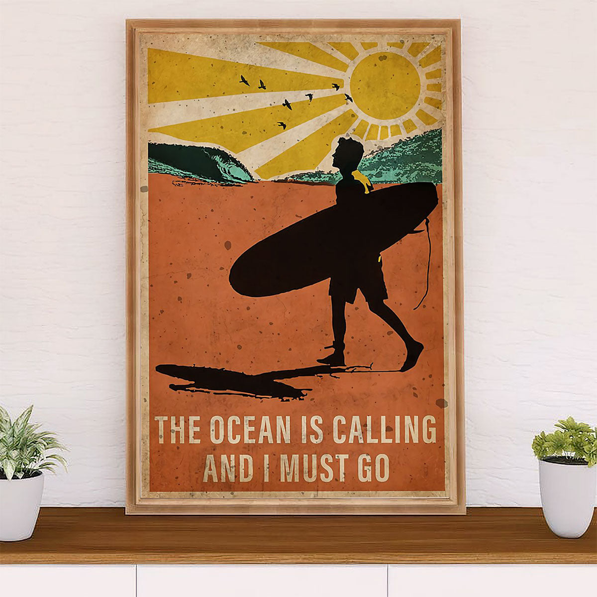 Water Surfing Poster Prints | Man Surfer - The Ocean Is Calling | Wall Art Gift for Beach Surfer