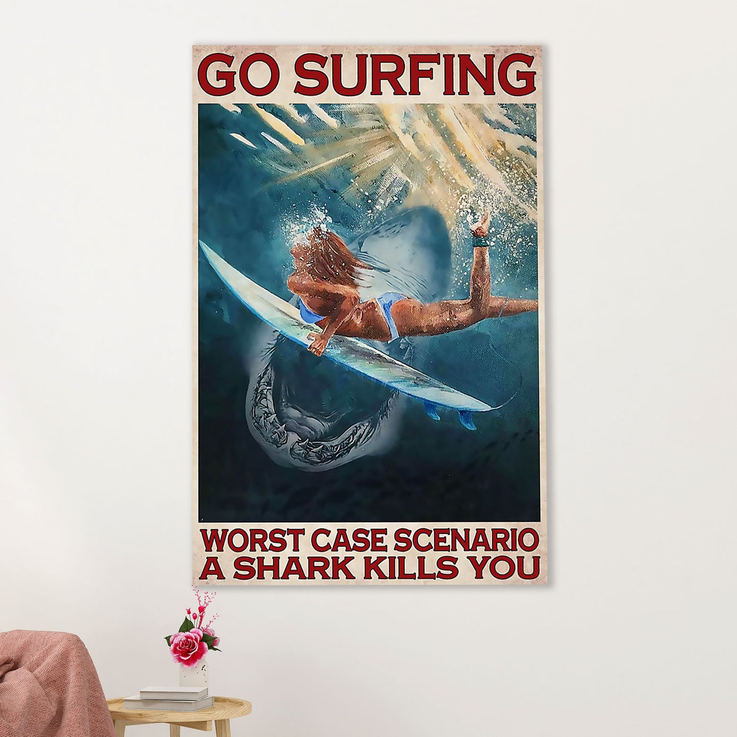 Water Surfing Poster Prints | Shark Worst Case Scenario | Wall Art Gift for Beach Surfer