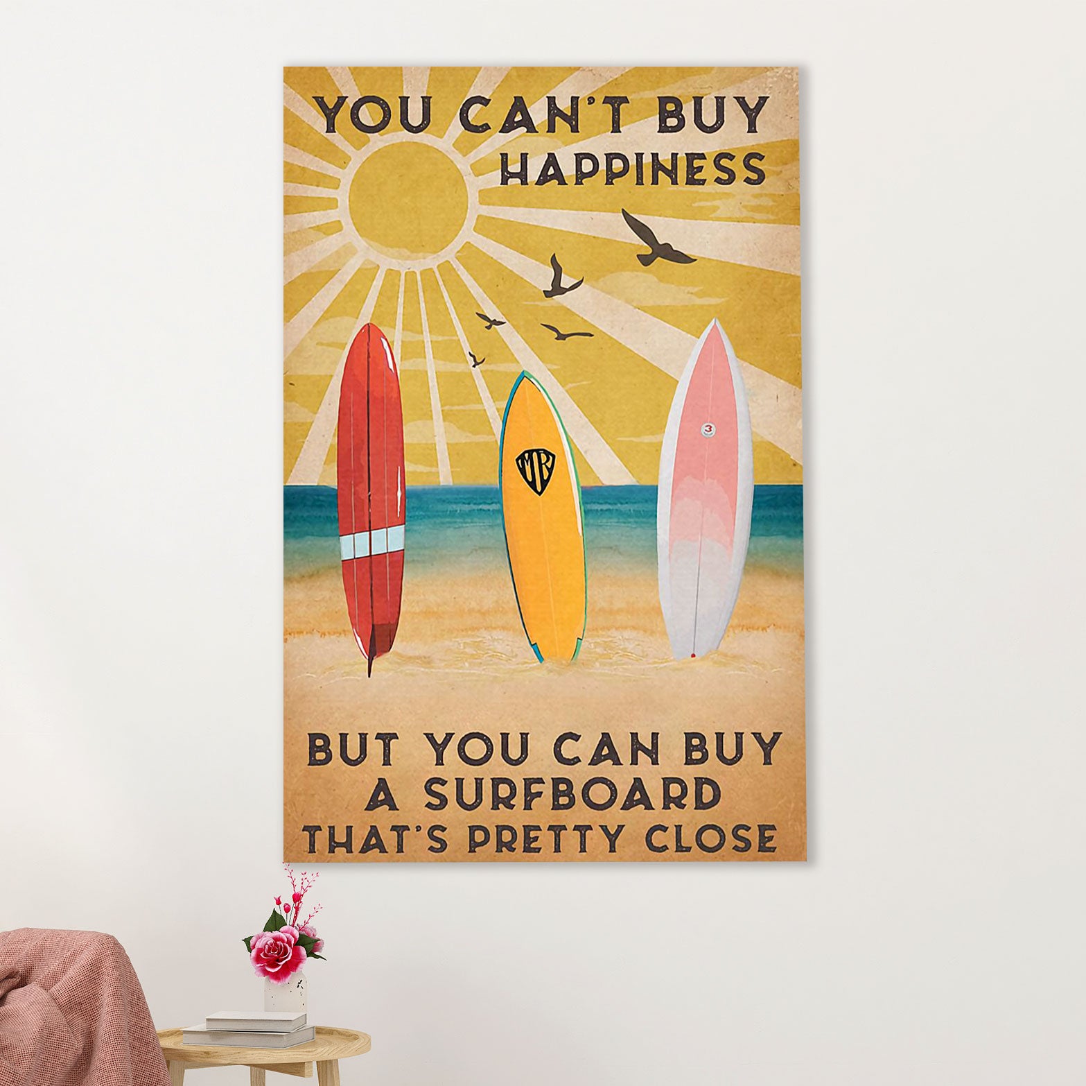 Water Surfing Canvas Wall Art Prints | Buy A Surfboard - Be Happy | Home Décor Gift for Beach Surfer