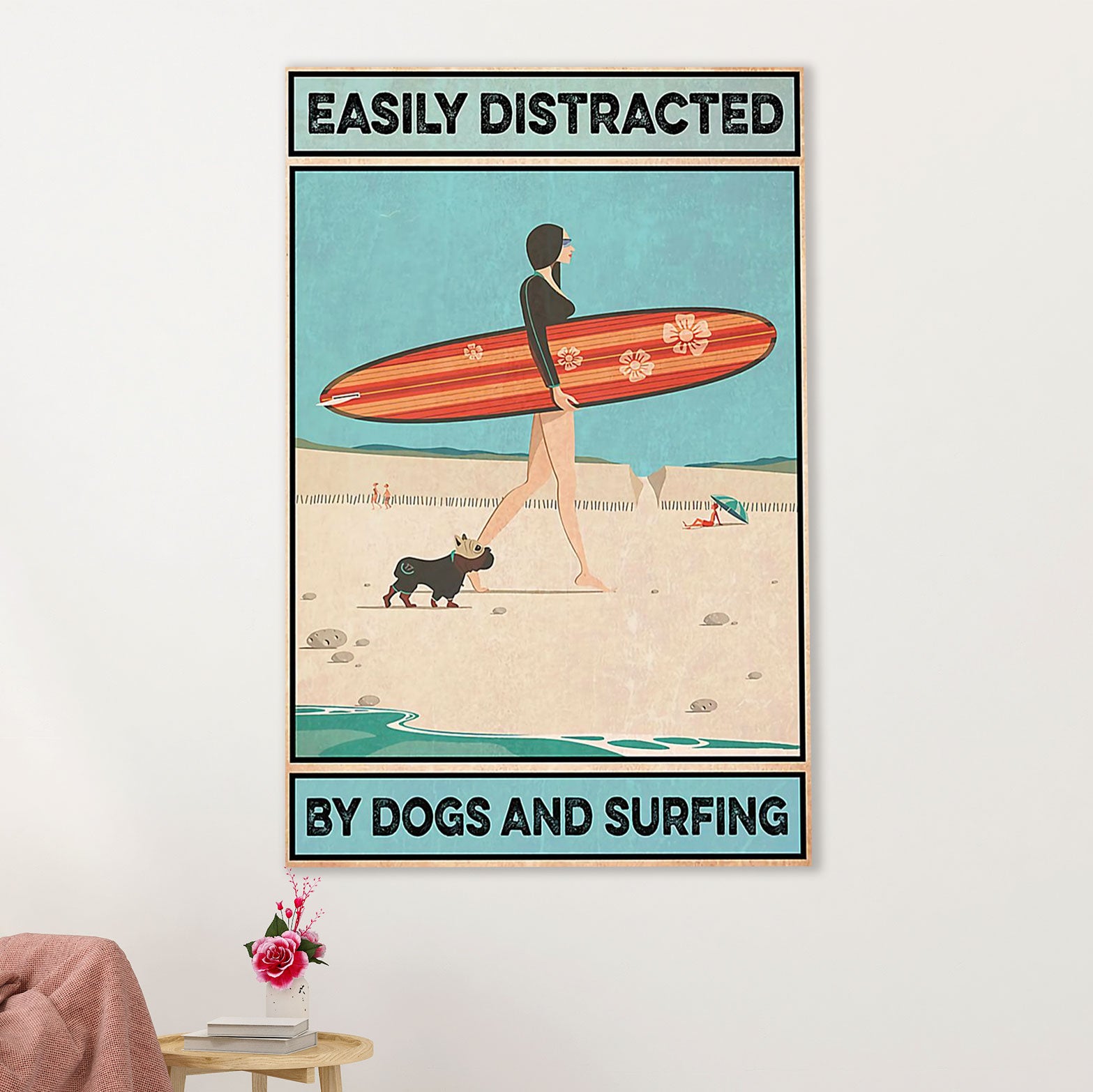 Water Surfing Poster Prints | Girl Distracted by Dogs & Surfing | Wall Art Gift for Beach Surfer