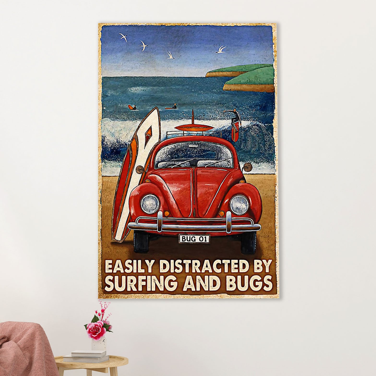 Water Surfing Poster Prints | Distracted By Surfing & Bugs | Wall Art Gift for Beach Surfer