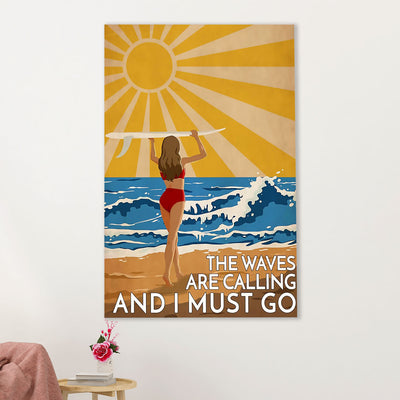 Water Surfing Canvas Wall Art Prints | The Waves Are calling | Home Décor Gift for Beach Surfer