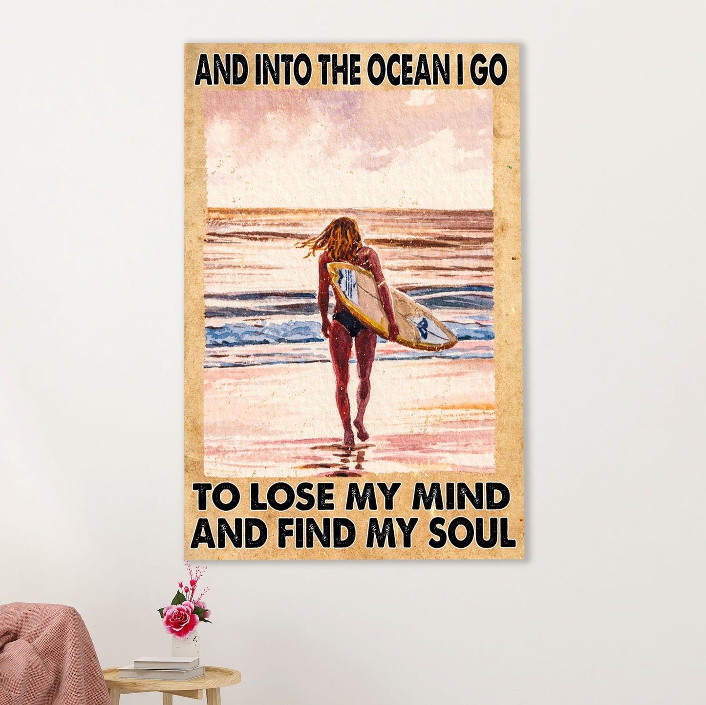 Water Surfing Canvas Wall Art Prints | Girl Into The Ocean | Home Décor Gift for Beach Surfer